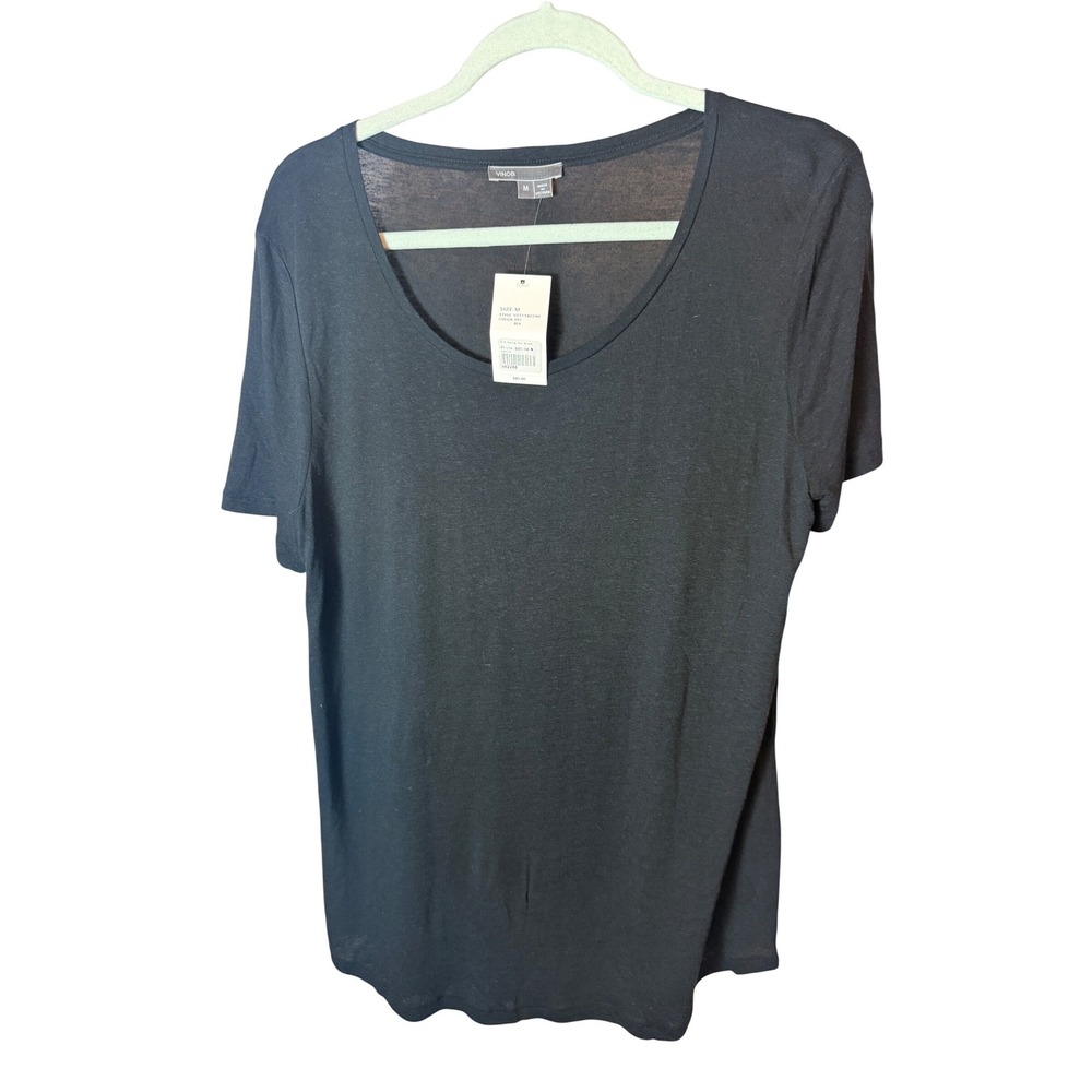 Vince Womens Black Linen Blend Short Sleeve Swing Tee Scoop Neck size M NWT